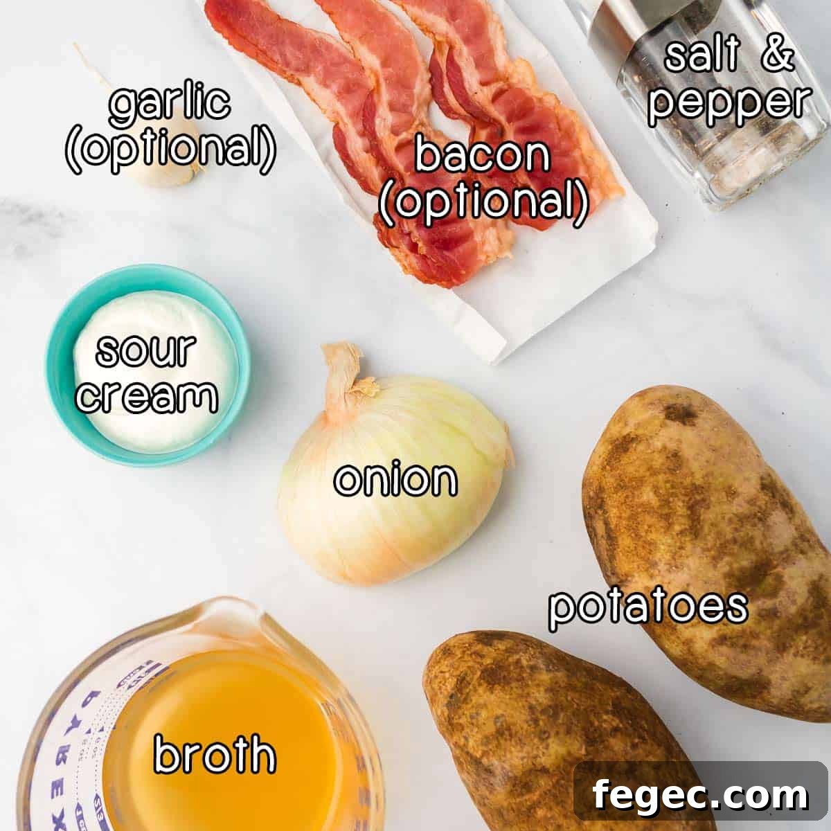 Overhead shot of ingredients- potatoes, onion, broth, sour cream, optional garlic, optional bacon, and salt and pepper.