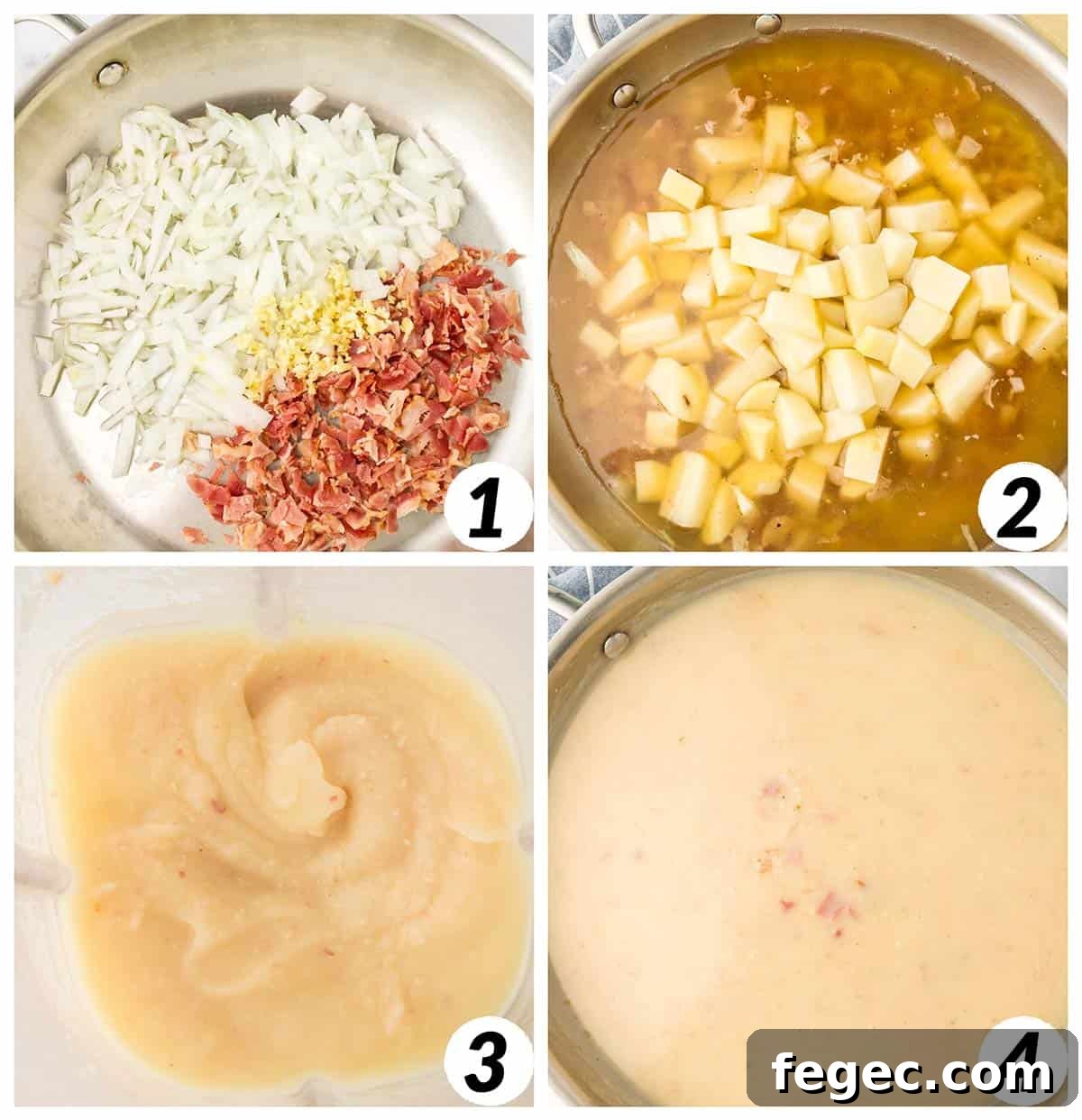 Four panel rid of process shots- combining ingredients gradually in a pot and blending until smooth.