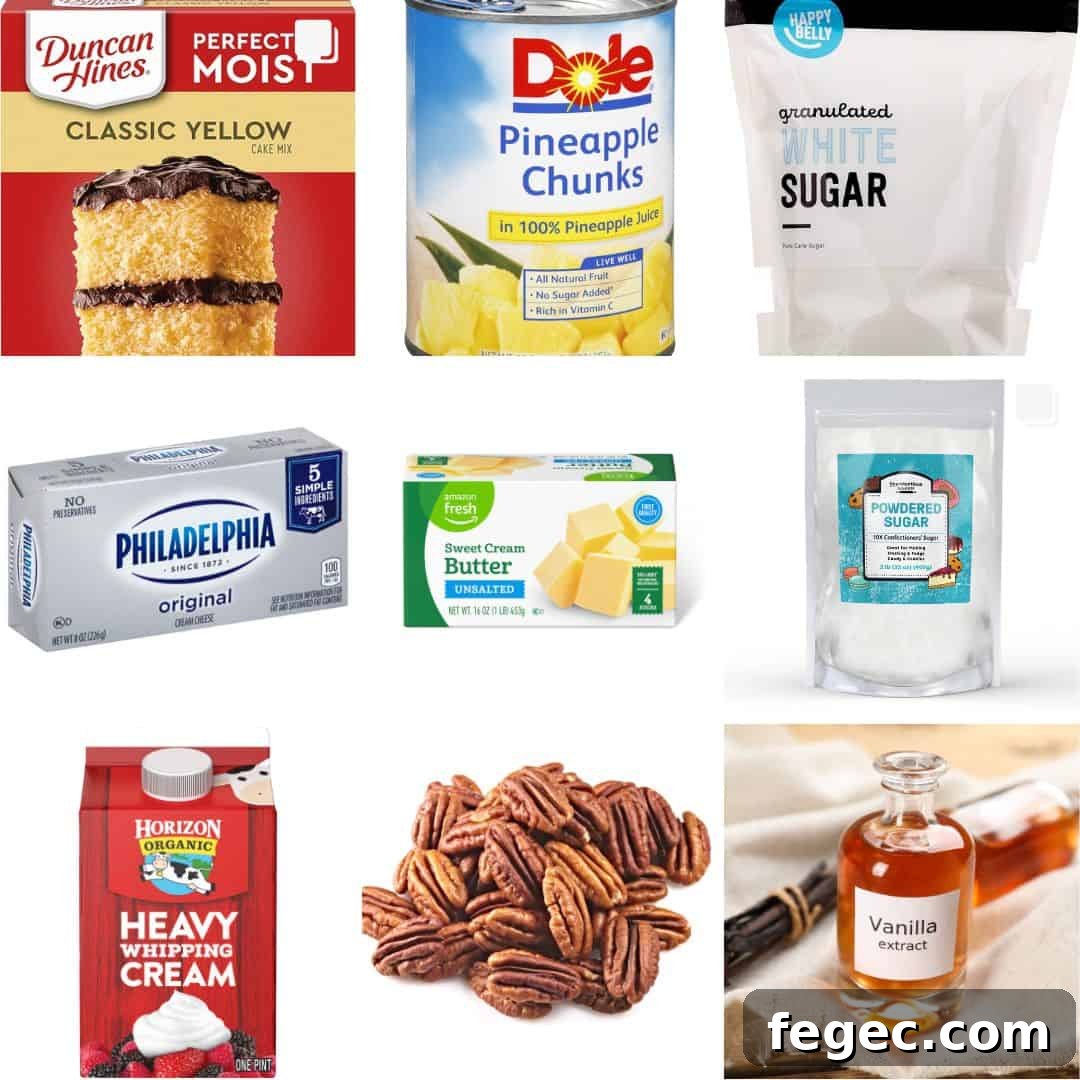 ingredients including yellow cake mix, pineapple chunks, sugar, cream cheese, butter, heavy cream, and pecans. 