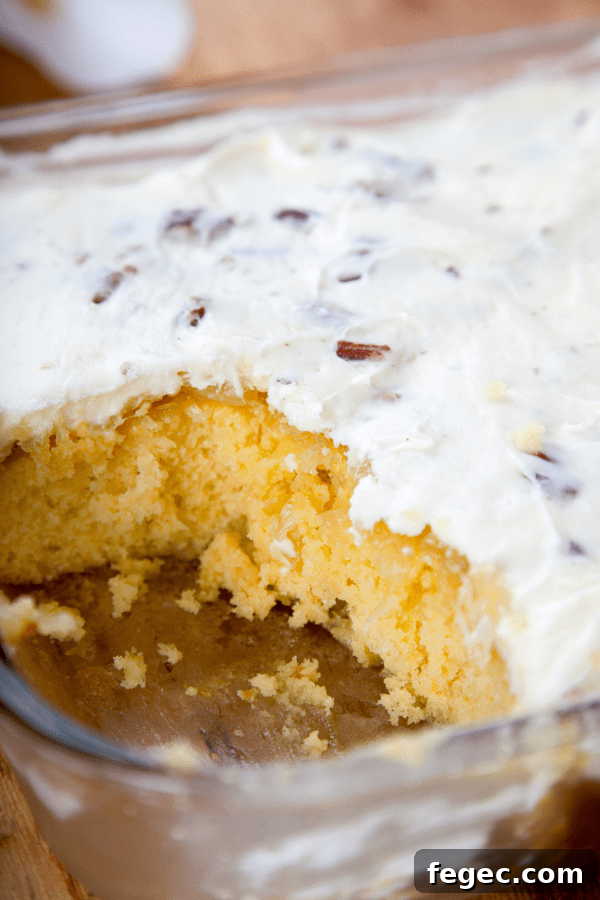yellow cake with pineapple, cream cheese icing and pecans in a glass 9x13 pan. 