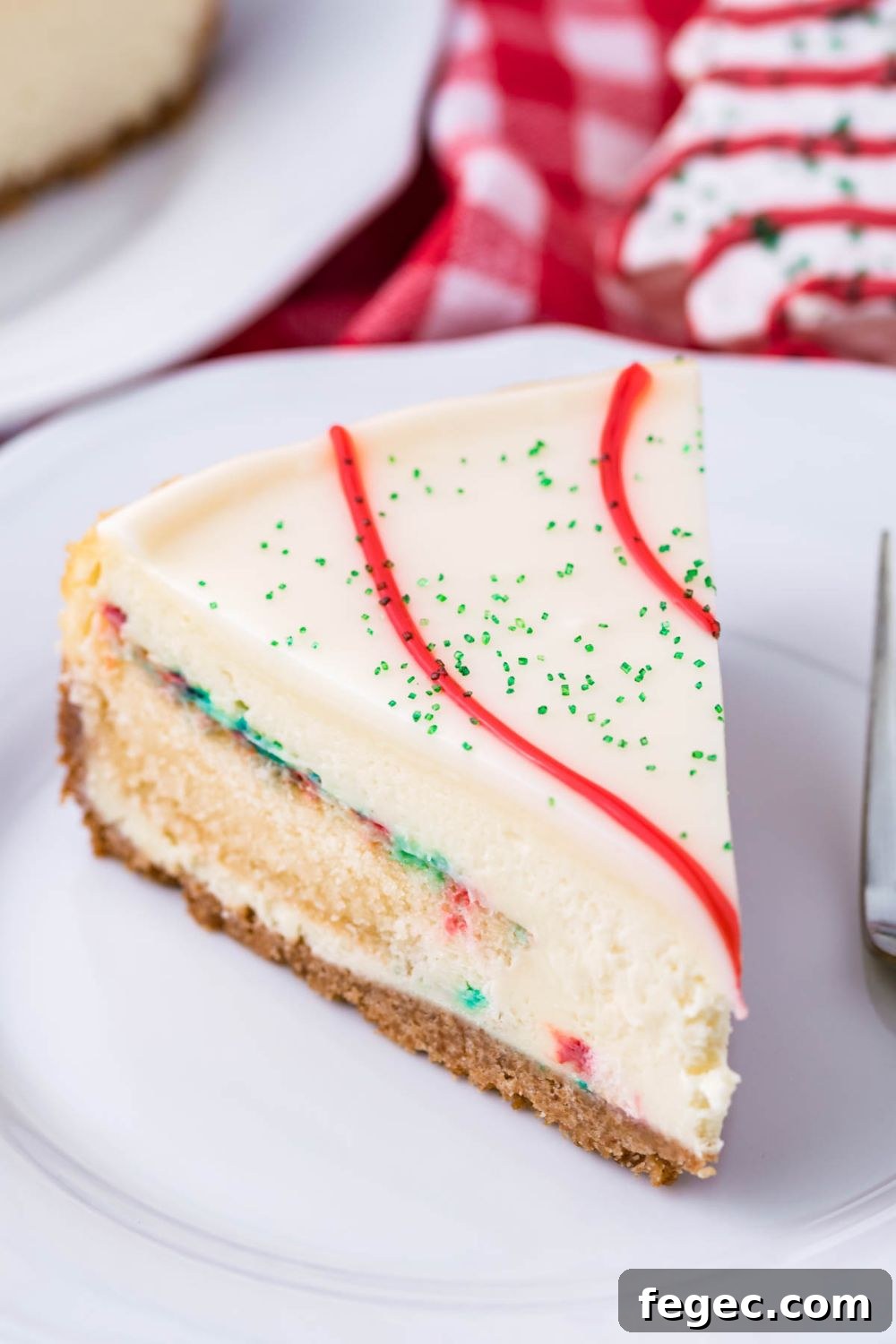 side view of Christmas cheesecake on plate 