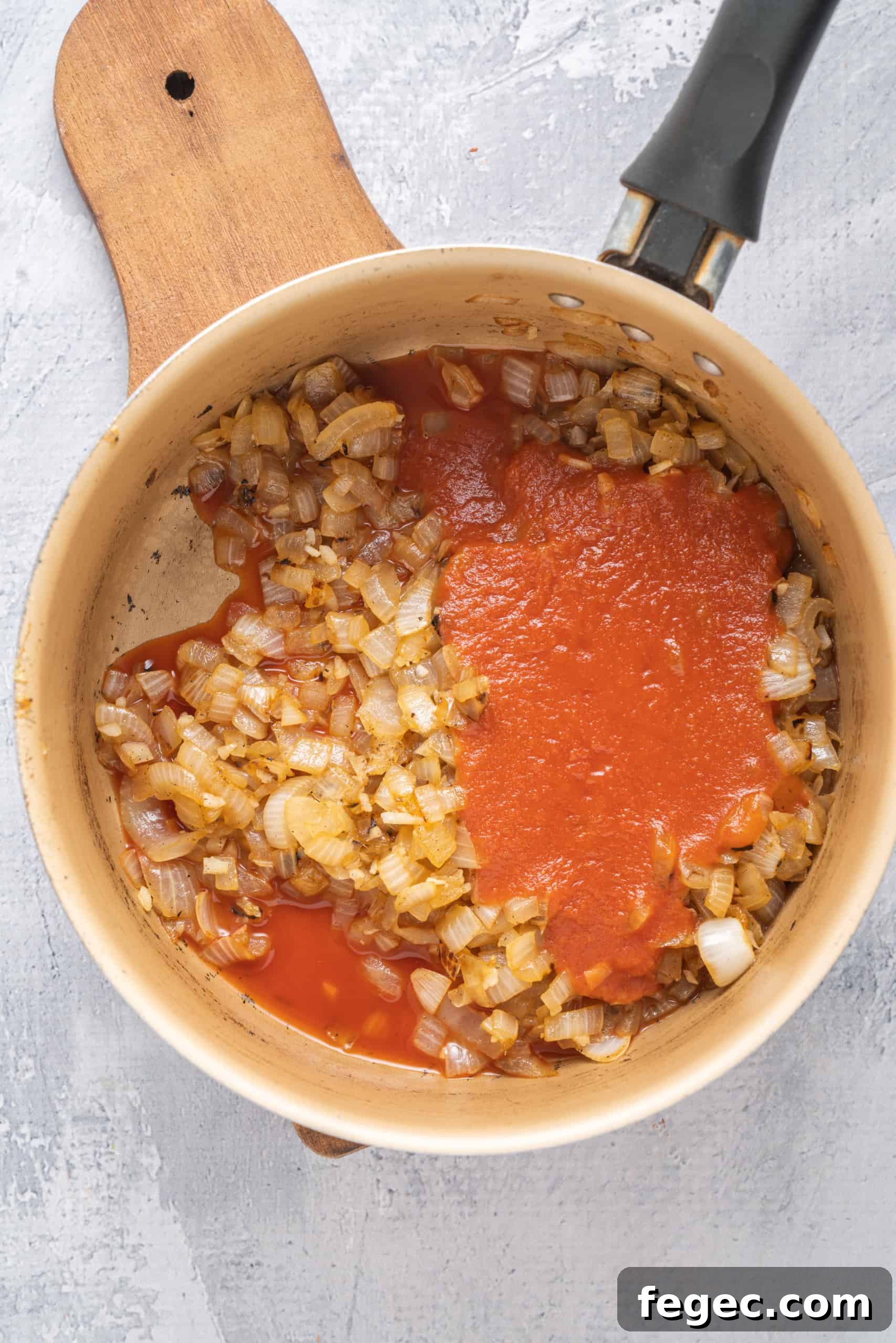 Caramelized onions and tomato sauce in a saucepan.