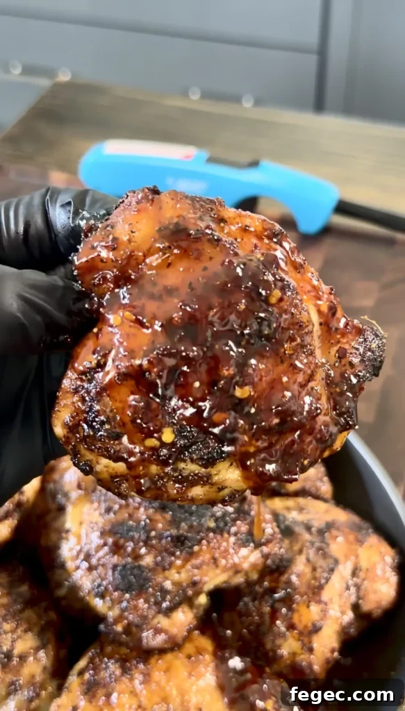 Juicy Grilled Chicken Thighs with Crispy Skin and Garlic Herb Rub 2 Glossy glazed honey chili crisp grilled chicken thighs being held with tongs, showing caramelized surface