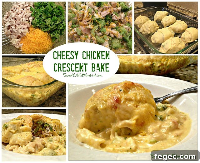This is a seven photo collage showing the Cheesy Chicken Crescent Rolls being made.