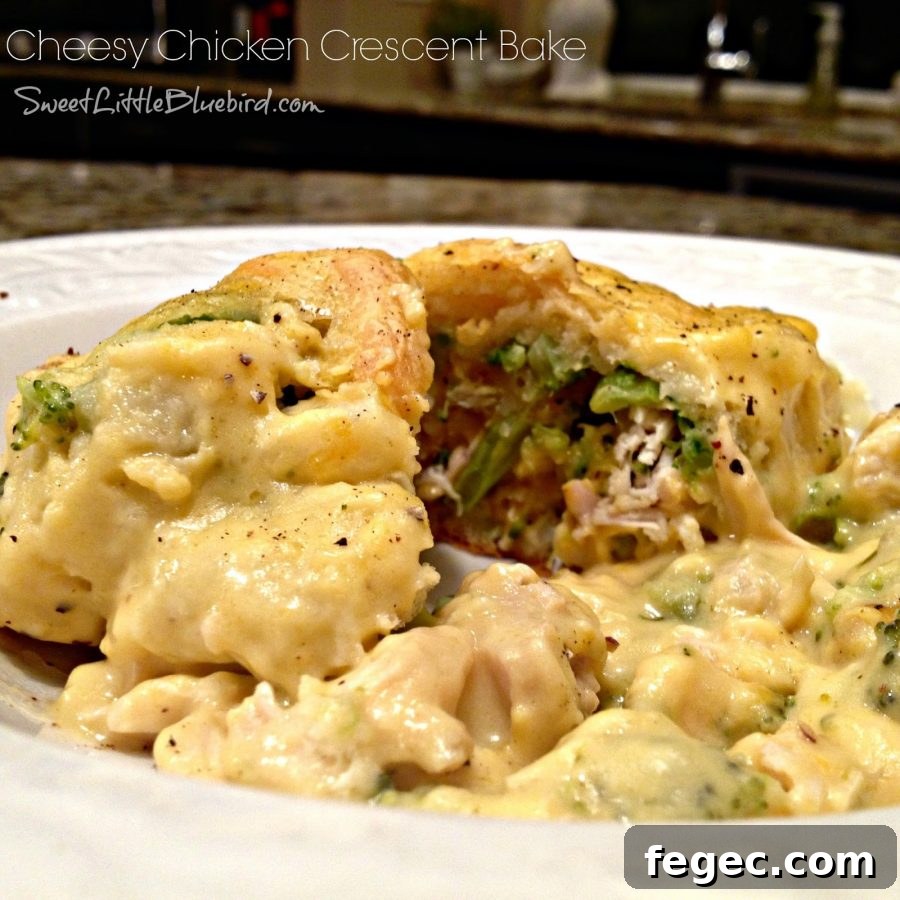 This is a photo of a Cheesy Chicken Crescent Roll served in a white bowl with the crescent roll cut in half, showing the inside.