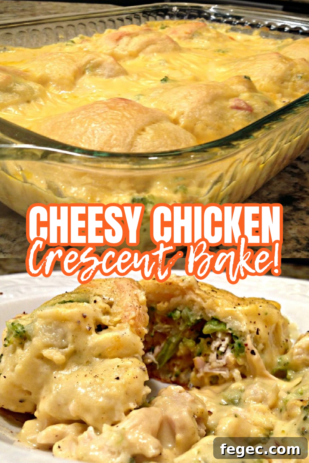 A collage showing the baked crescent rolls in a dish and a served roll in a bowl.