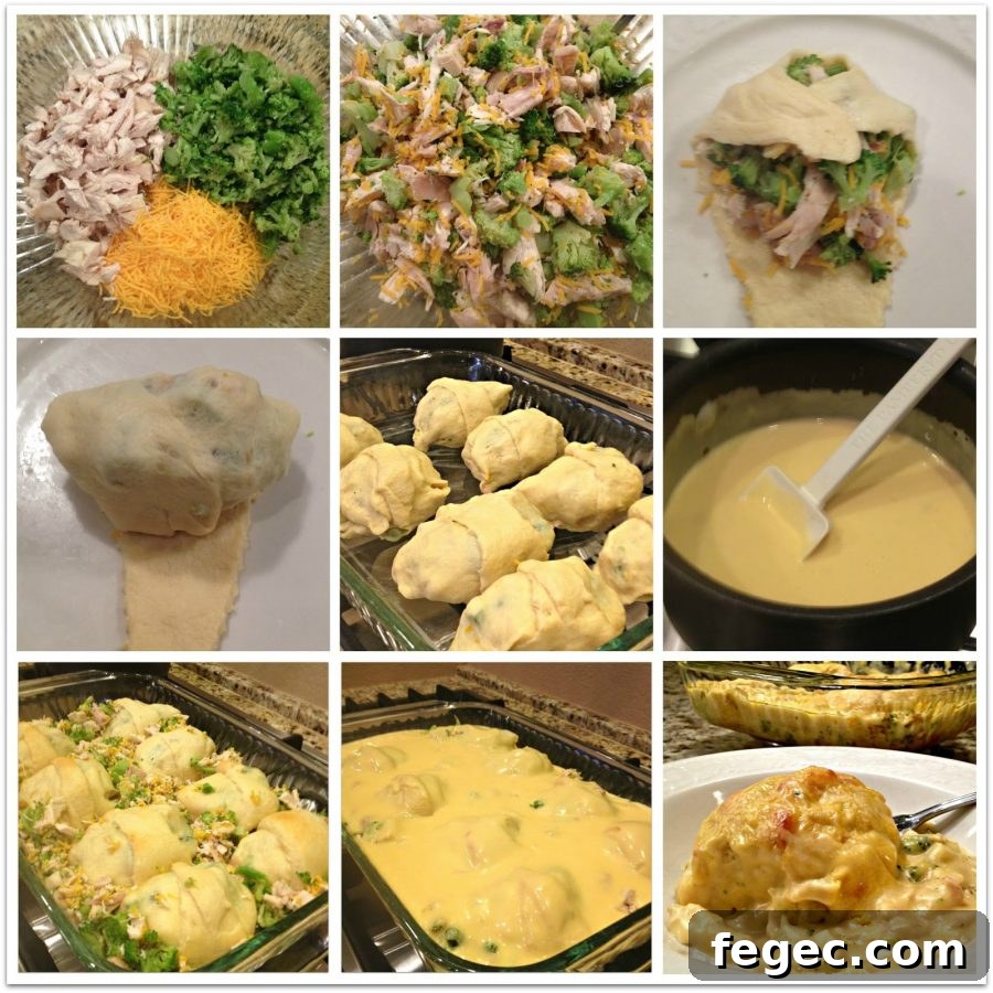 A collage showing the crescent rolls being prepared.