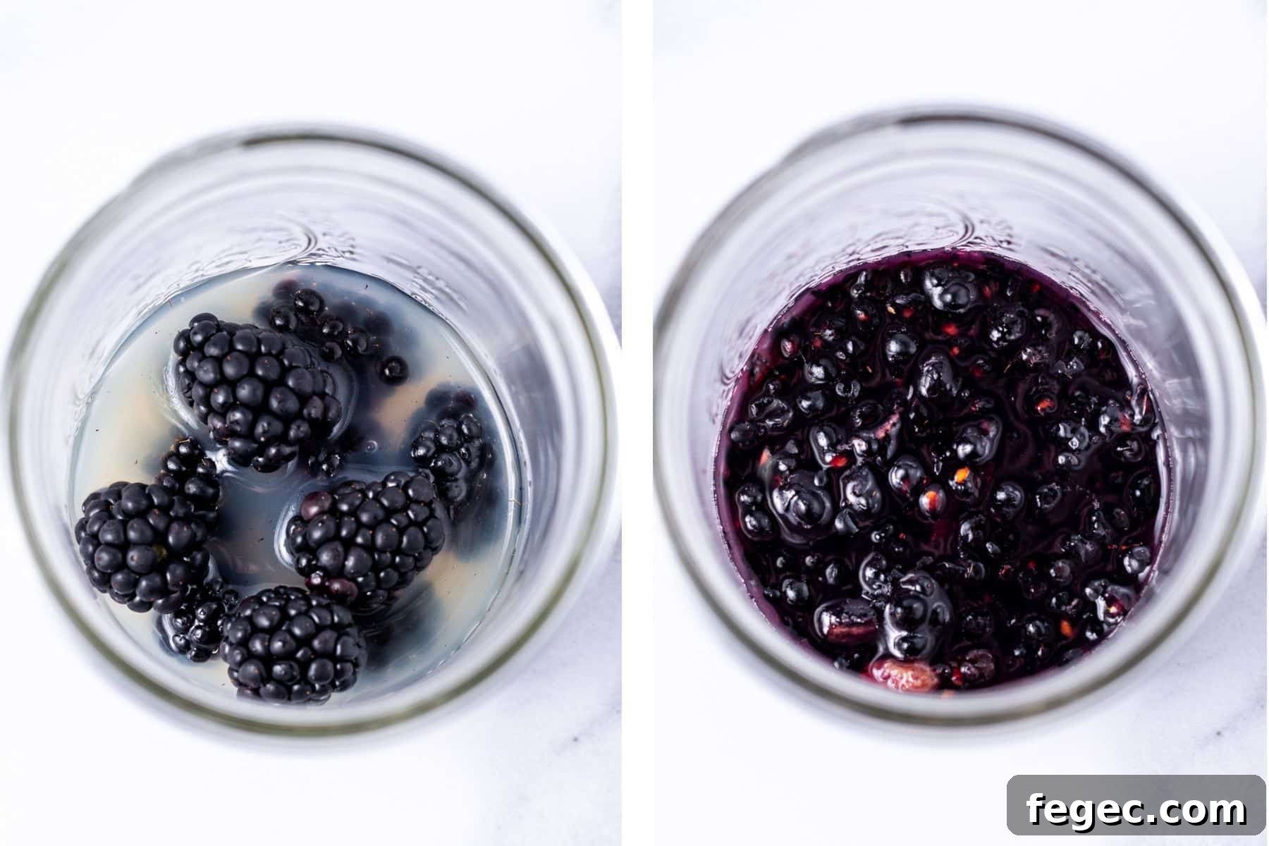 Refreshing Blackberry Smash Mocktail Recipe 5 side by side photos of blackberries and lemon juice and smashed blackberries and lemon juice