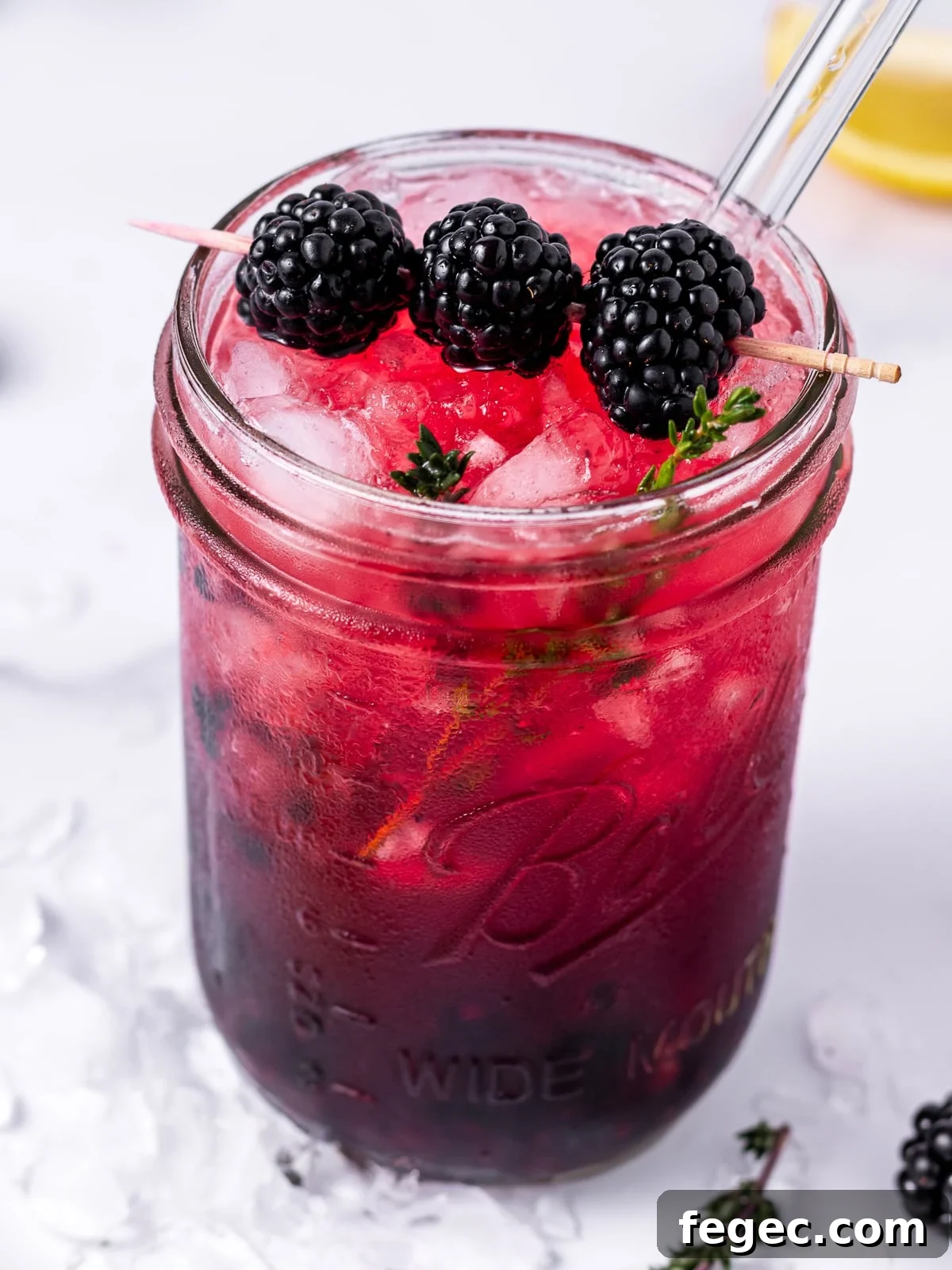 Refreshing Blackberry Smash Mocktail Recipe 10 close up view of a blackberry mocktail