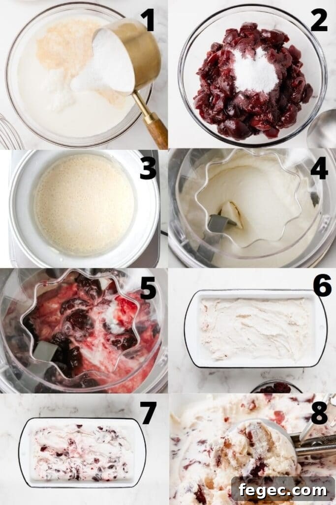 Homemade Cherry Vanilla Ice Cream Recipe for Creamy Summer Treat 4 a collage of 8 photos showing the steps to make cherry vanilla ice cream