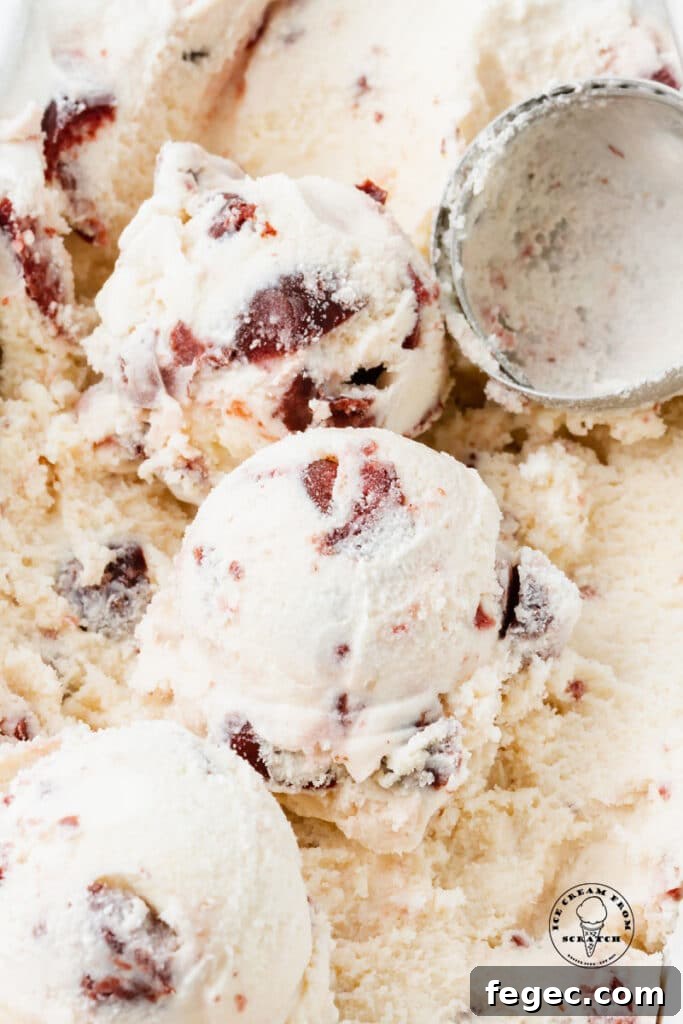 Homemade Cherry Vanilla Ice Cream Recipe for Creamy Summer Treat 5 close up of scoops of cherry vanilla ice cream in a pan