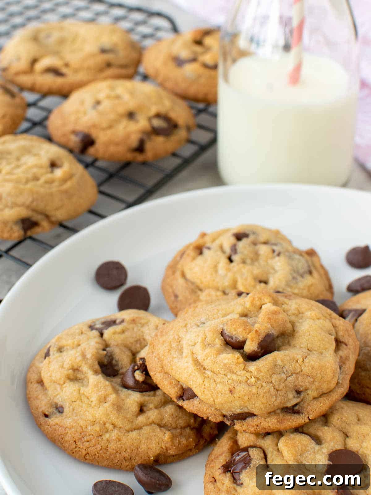 Chocolate chip cookies on a white plate with bottle of milk in the background and more cookies on wire rack.