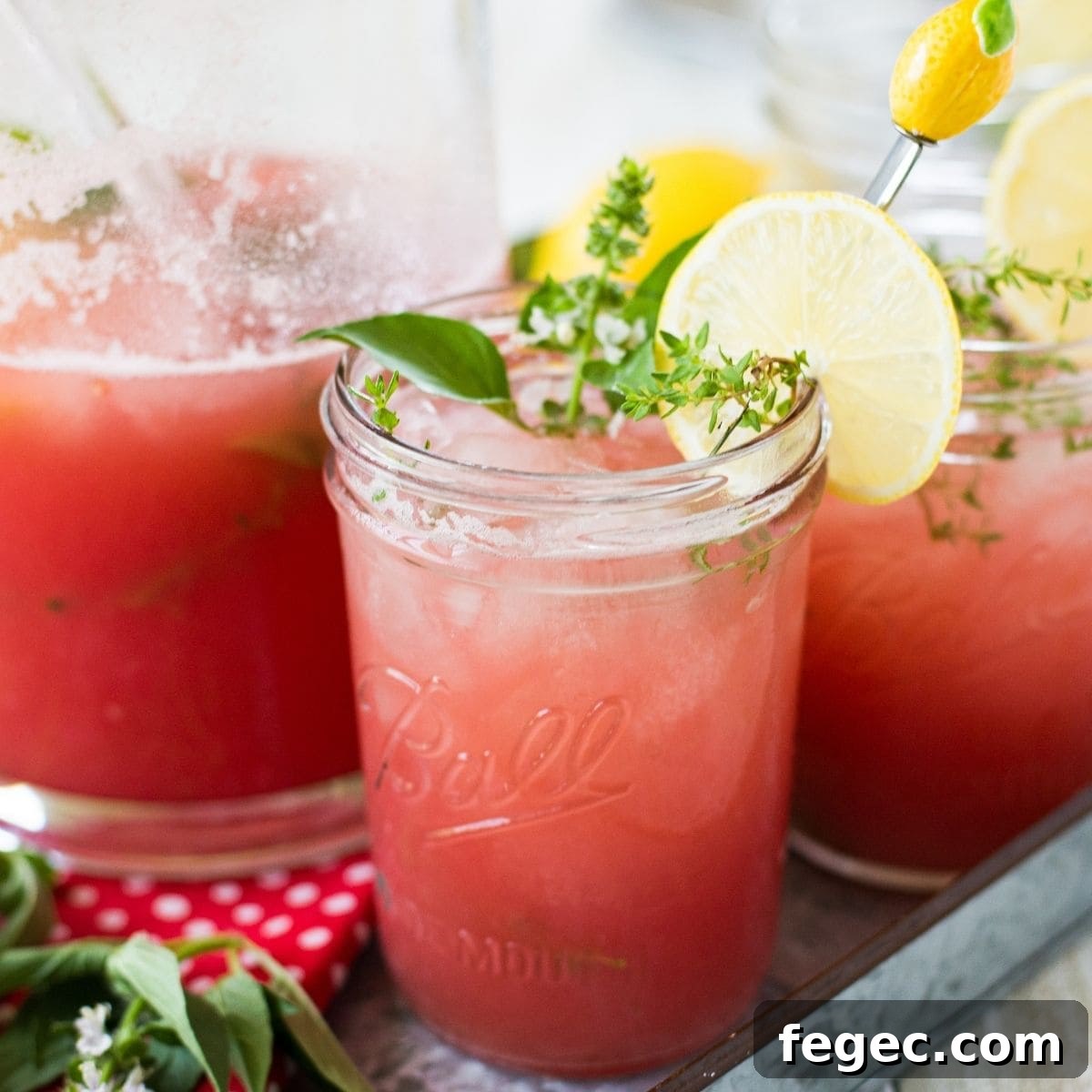 Mason jars filled with Watermelon Thyme Lemonade.