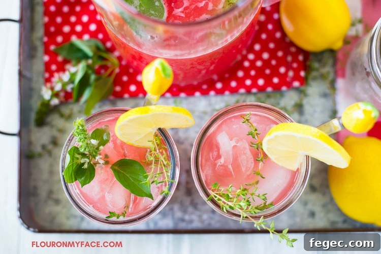 Watermelon Lemonade recipe using fresh lemons, watermelon and thyme simple syrup.