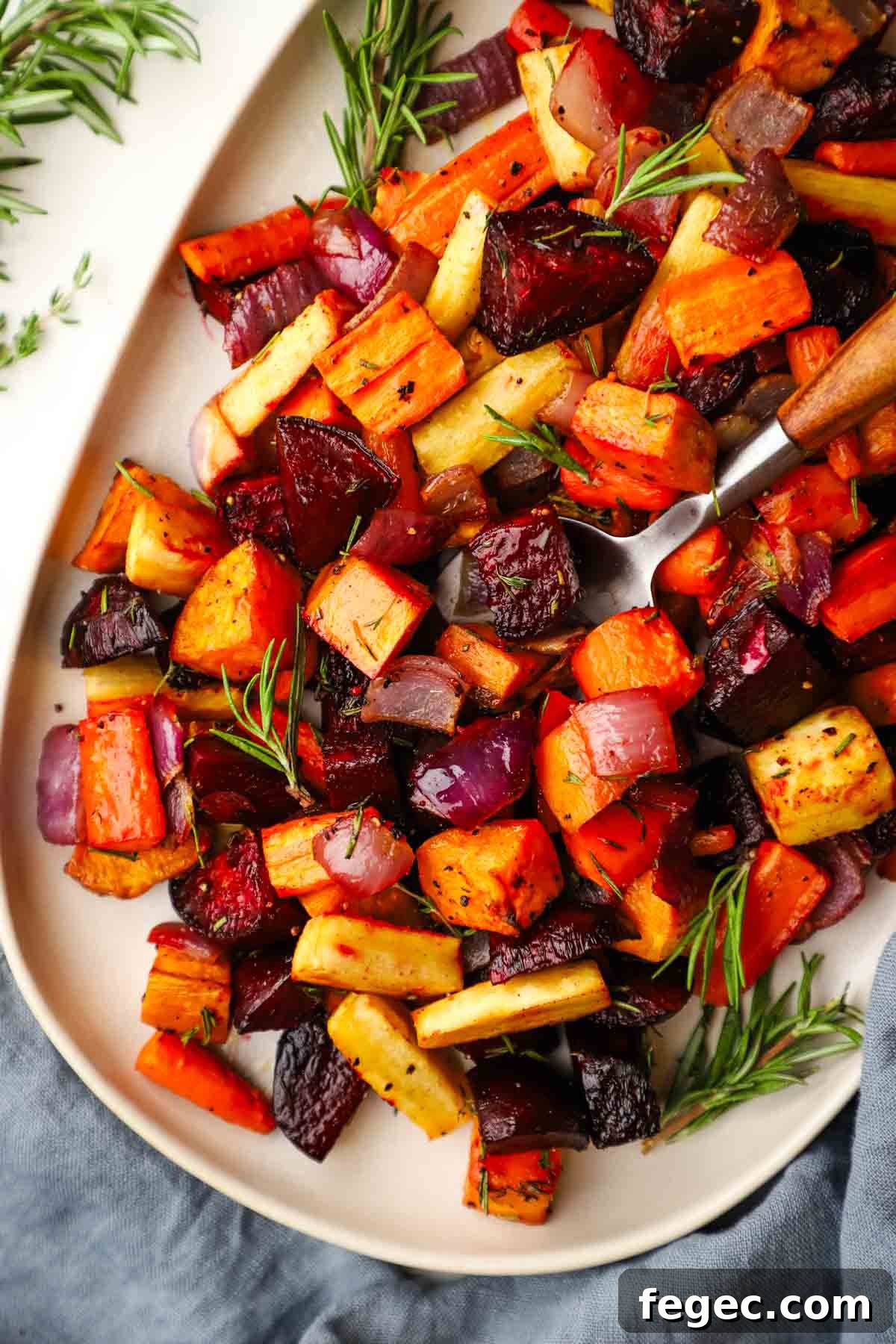 overhead view of a dish of roasted root vegetables
