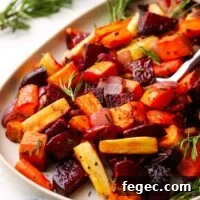 a serving dish with roasted root vegetables