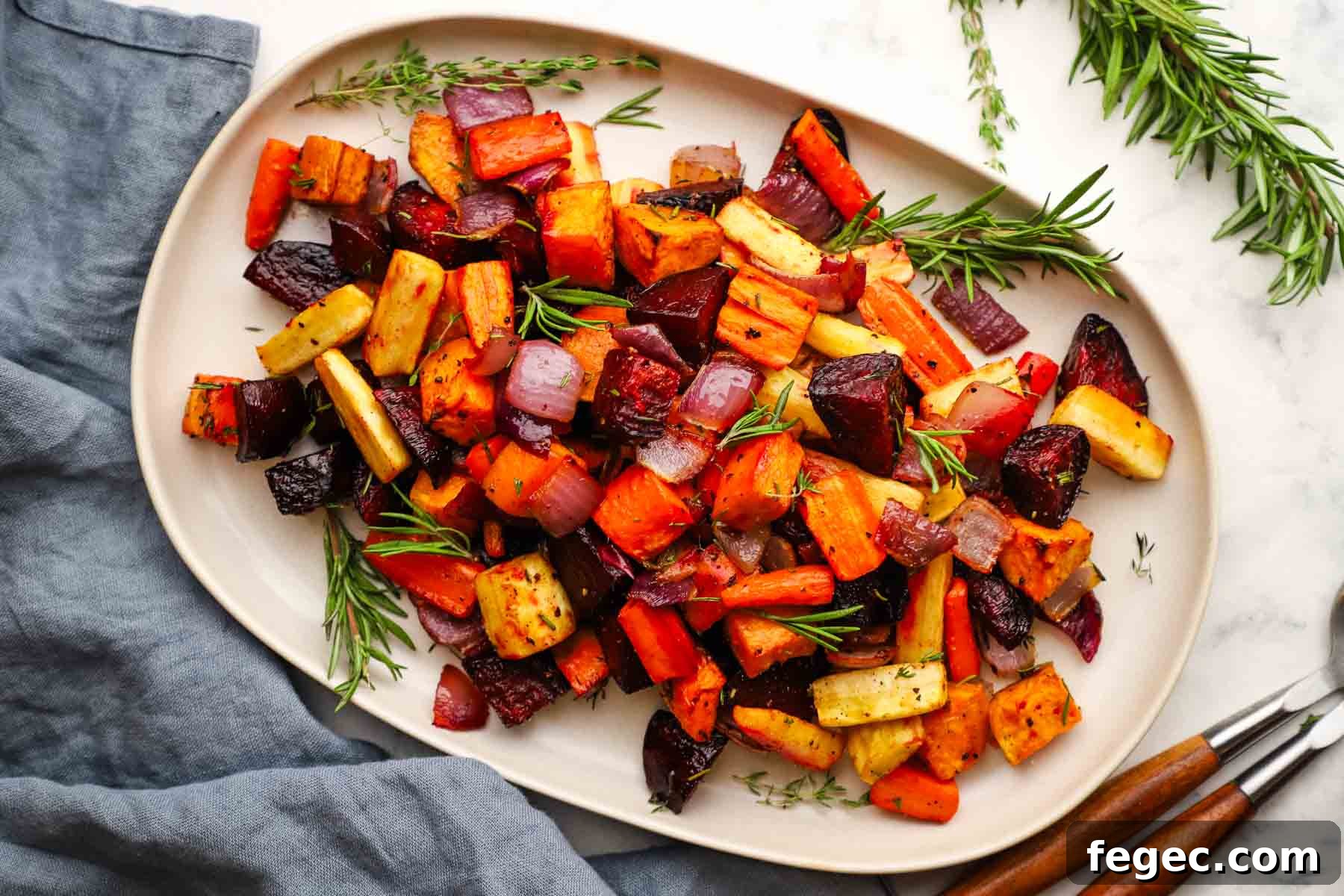 overhead view of roasted root veggies served in a dish