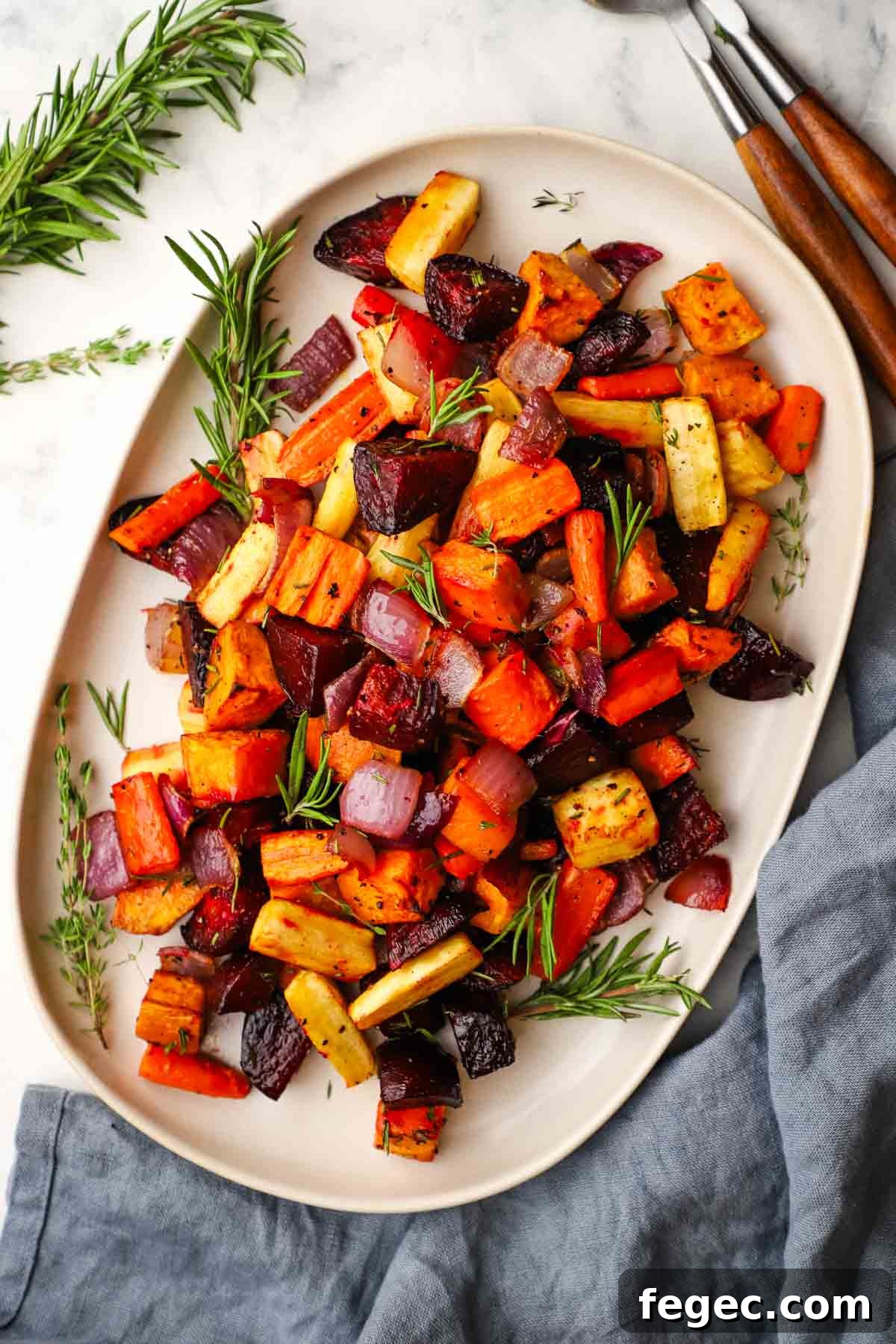 overhead view of a serving dish with roasted root vegetables