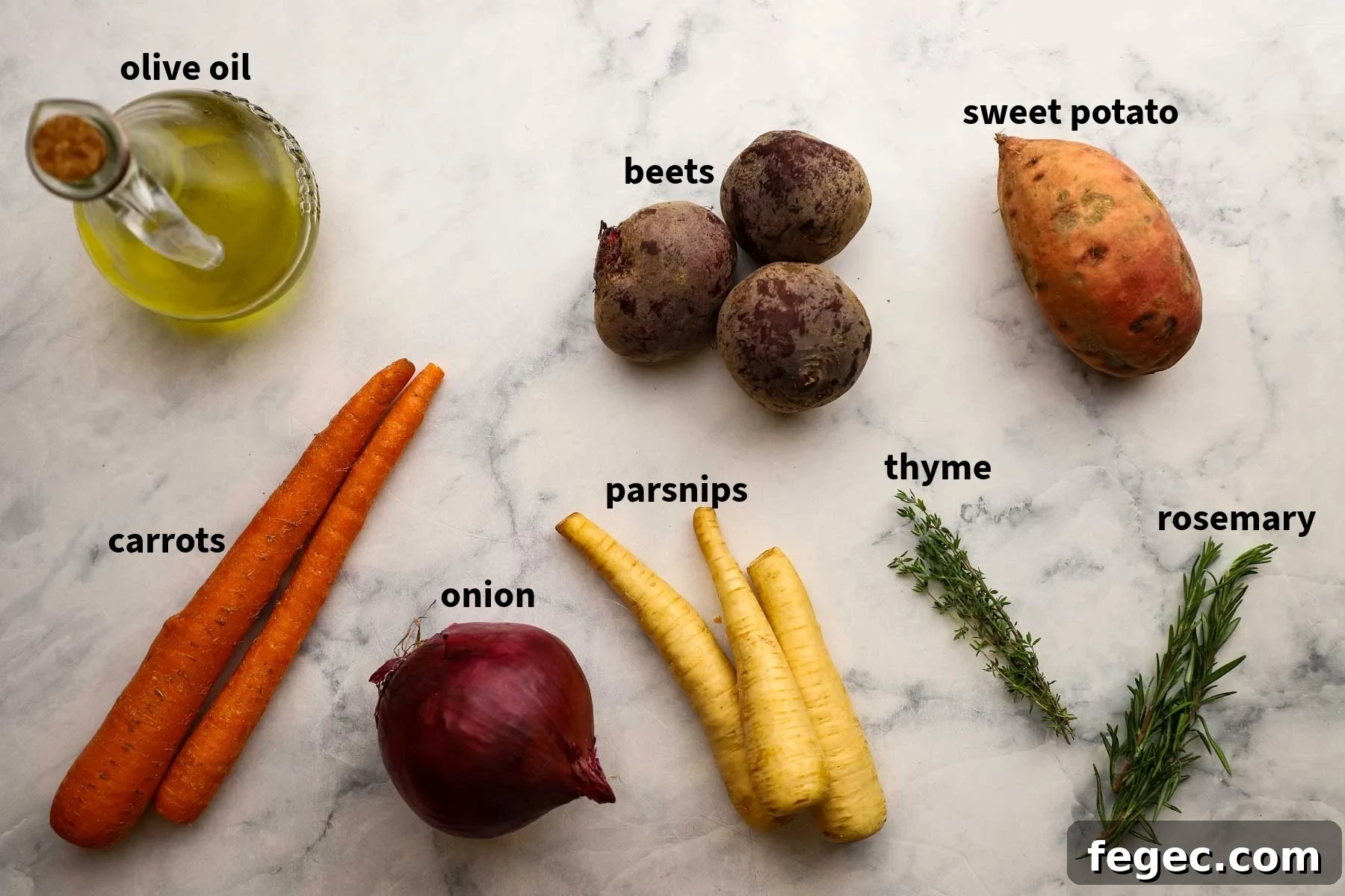 ingredients used to make roasted root vegetables pictured and labelled