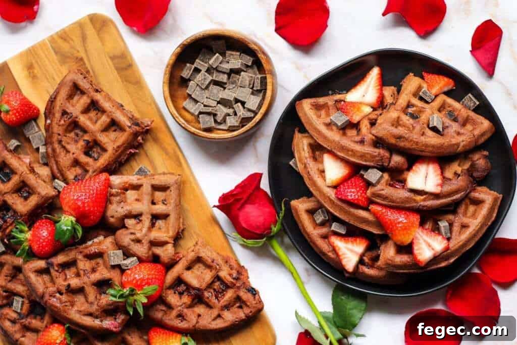 overhead shot of Double dark chocolate strawberry waffles topped with dark chocolate chunks and sliced strawberries. Rose and rose petals scattered in shot