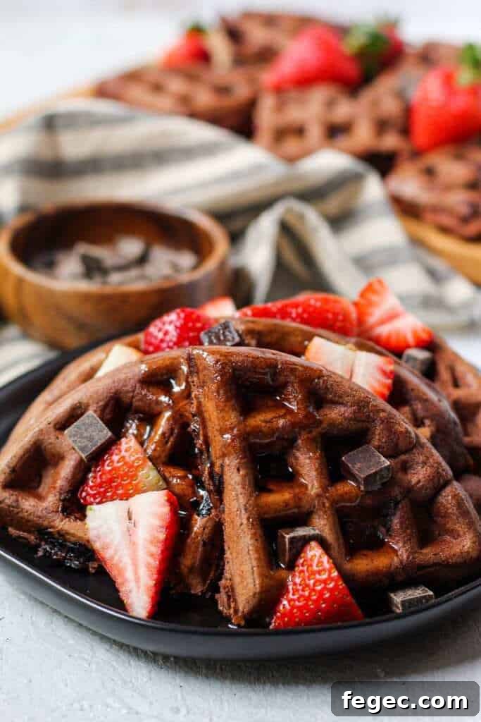 side angle shot of Double dark chocolate strawberry waffles topped with dark chocolate chunks, pancake syrup and sliced strawberries