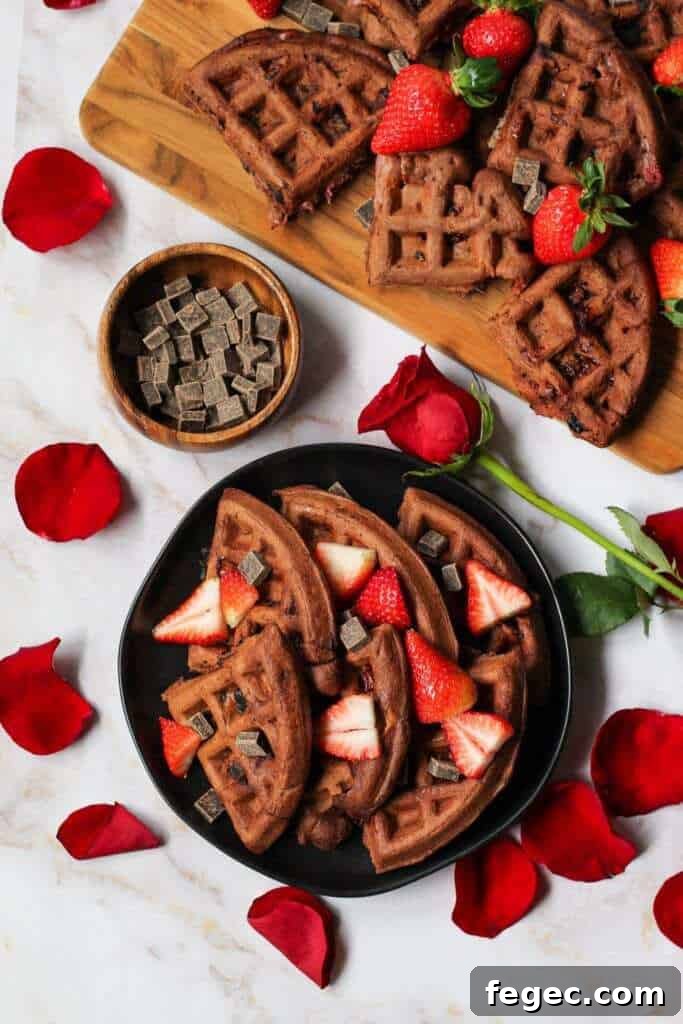 overhead shot of Double dark chocolate strawberry waffles topped with dark chocolate chunks, pancake syrup and sliced strawberries. Rose and rose petals scattered in shot.