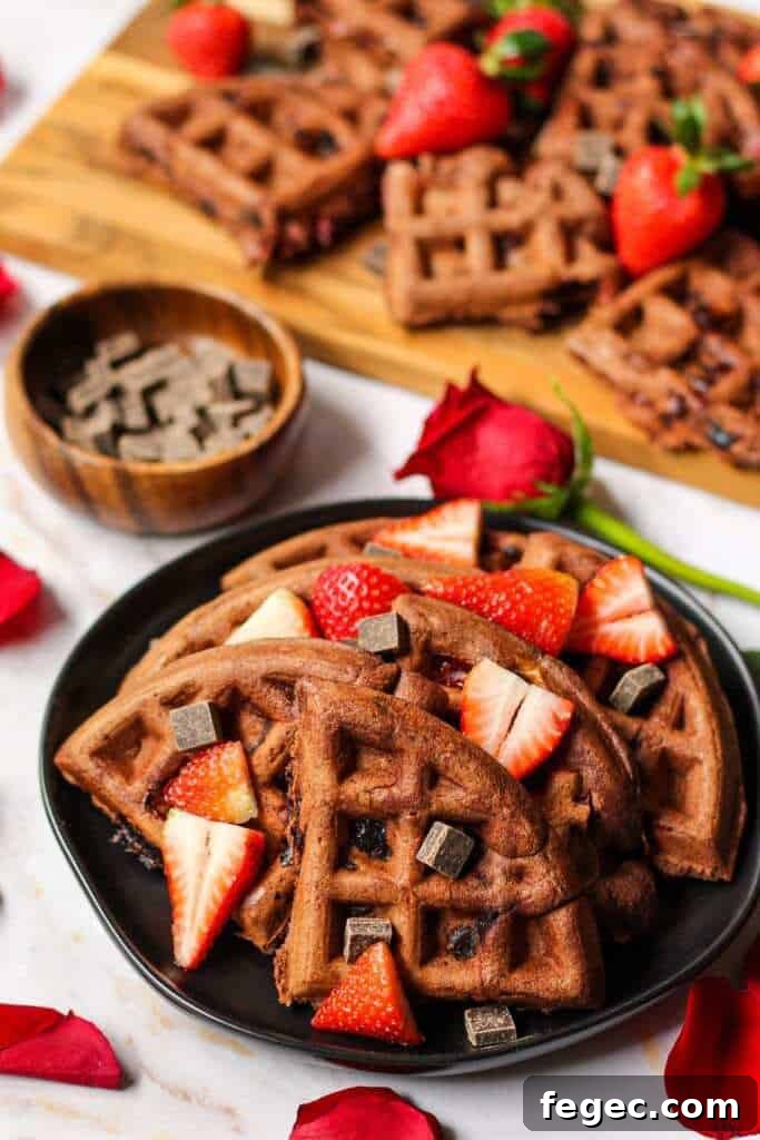 side angle shot of Double dark chocolate strawberry waffles topped with dark chocolate chunks, pancake syrup and sliced strawberries. Rose and rose petals scattered in shot