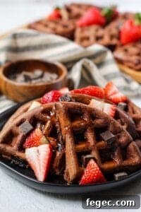 side angle shot of Double dark chocolate strawberry waffles topped with dark chocolate chunks, pancake syrup and sliced strawberries