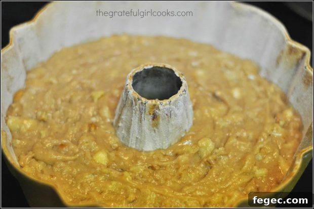 Hummingbird cake batter in bundt pan, ready to bake