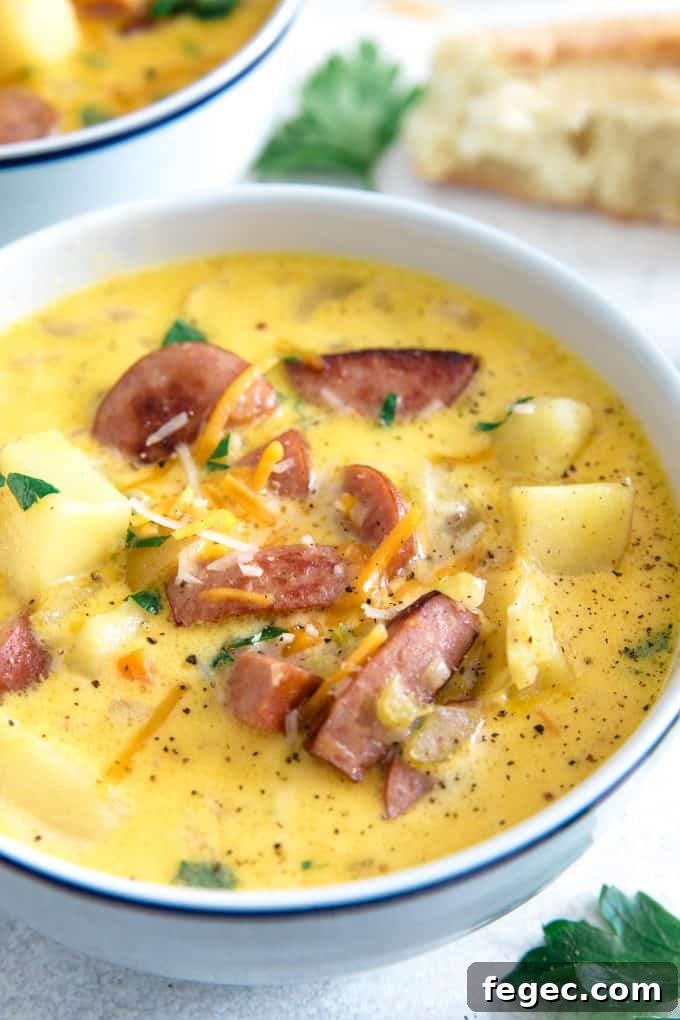 white bowl of potato kielbasa soup garnished with cheese