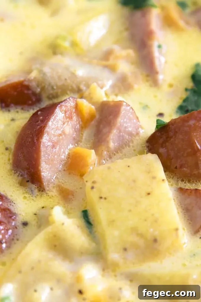 crispy sausage and potatoes sitting in hot cheesy broth