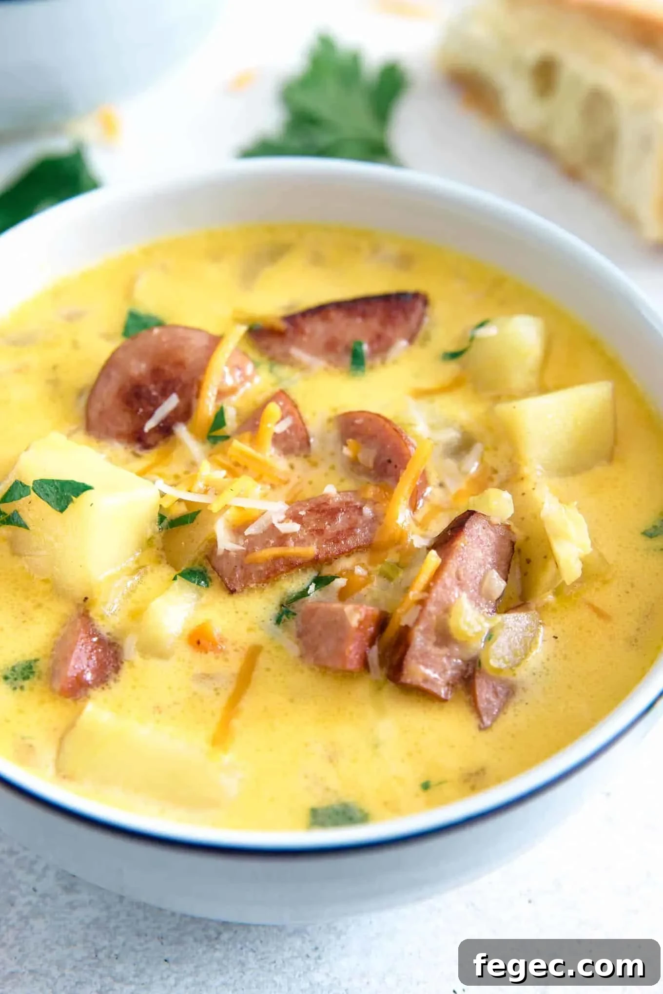 potato kielbasa soup in a white bowl with a blue rim