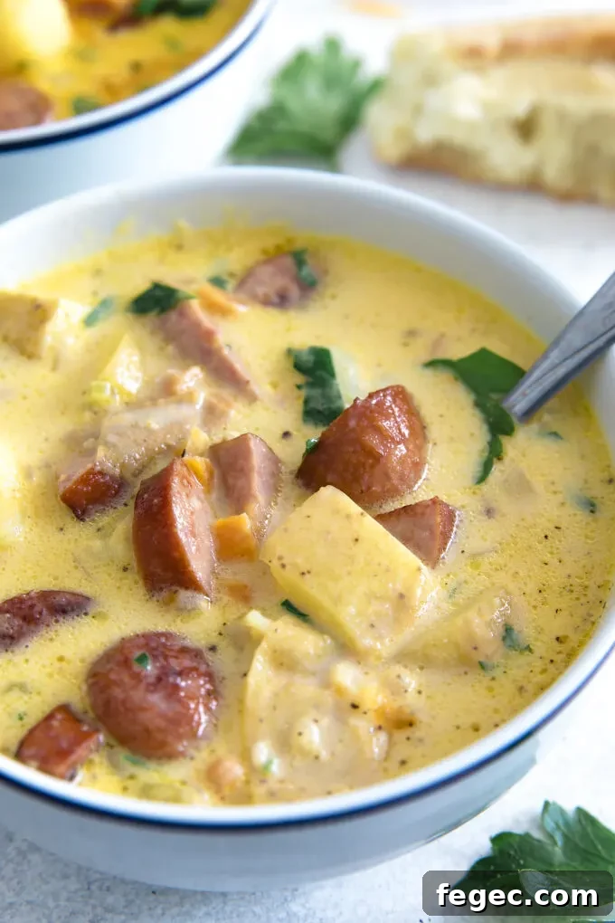 white bowl full of potato kielbasa soup, with a spoon. The sausage is crispy and the soup is garnished with fresh parsley