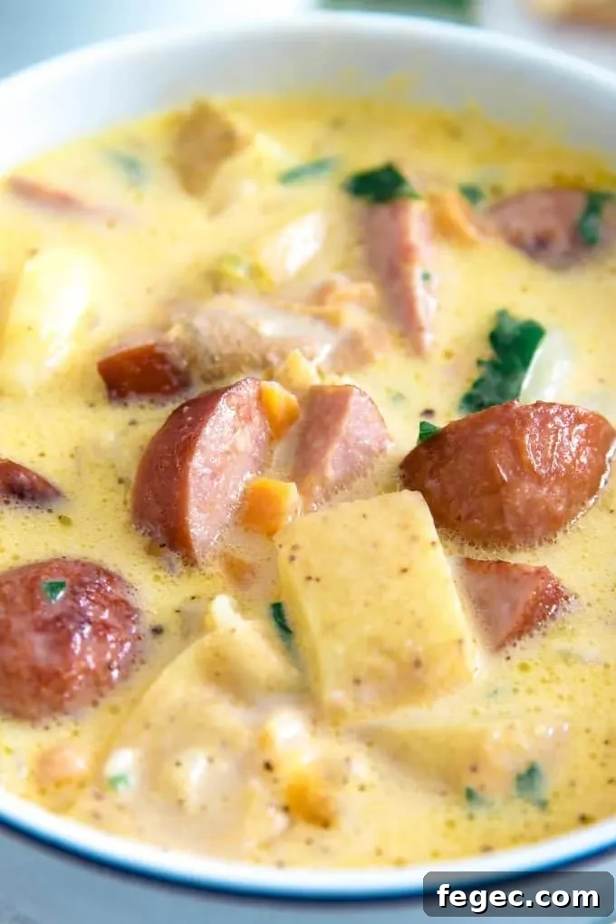 up close photo of potato kielbasa soup 