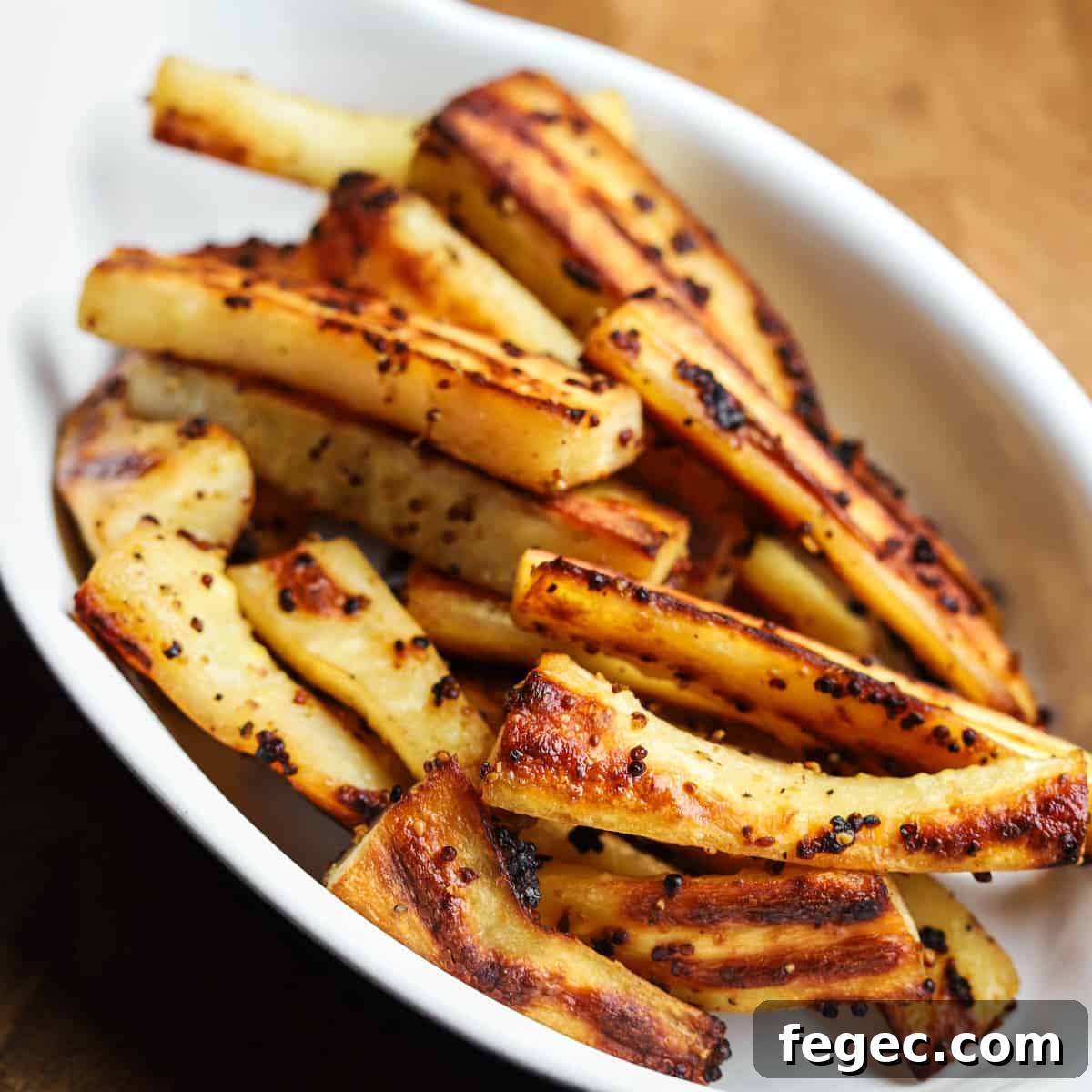 Square photo of roast parsnips in a white oval oven dish