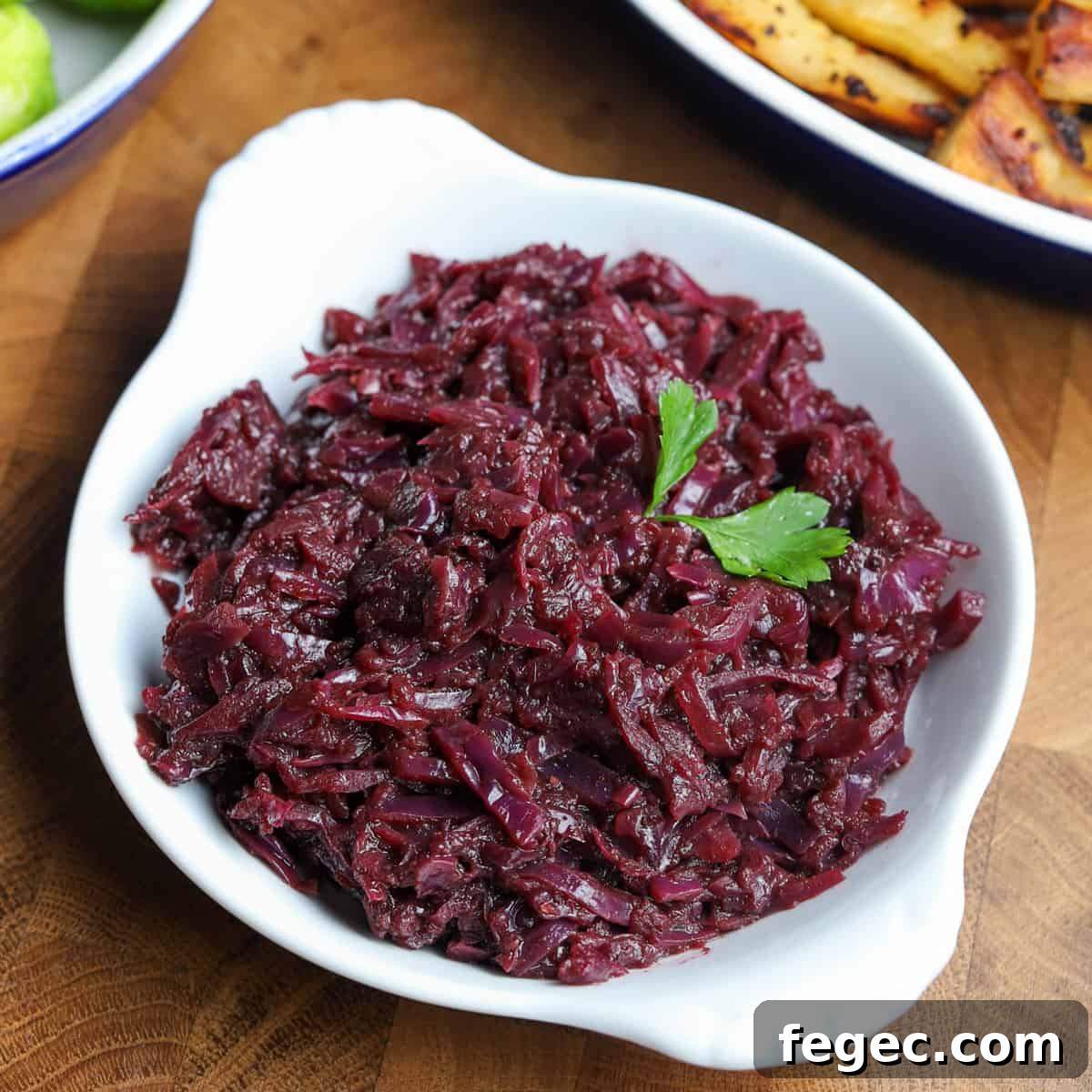Photo of a white dish filled with braised red cabbage