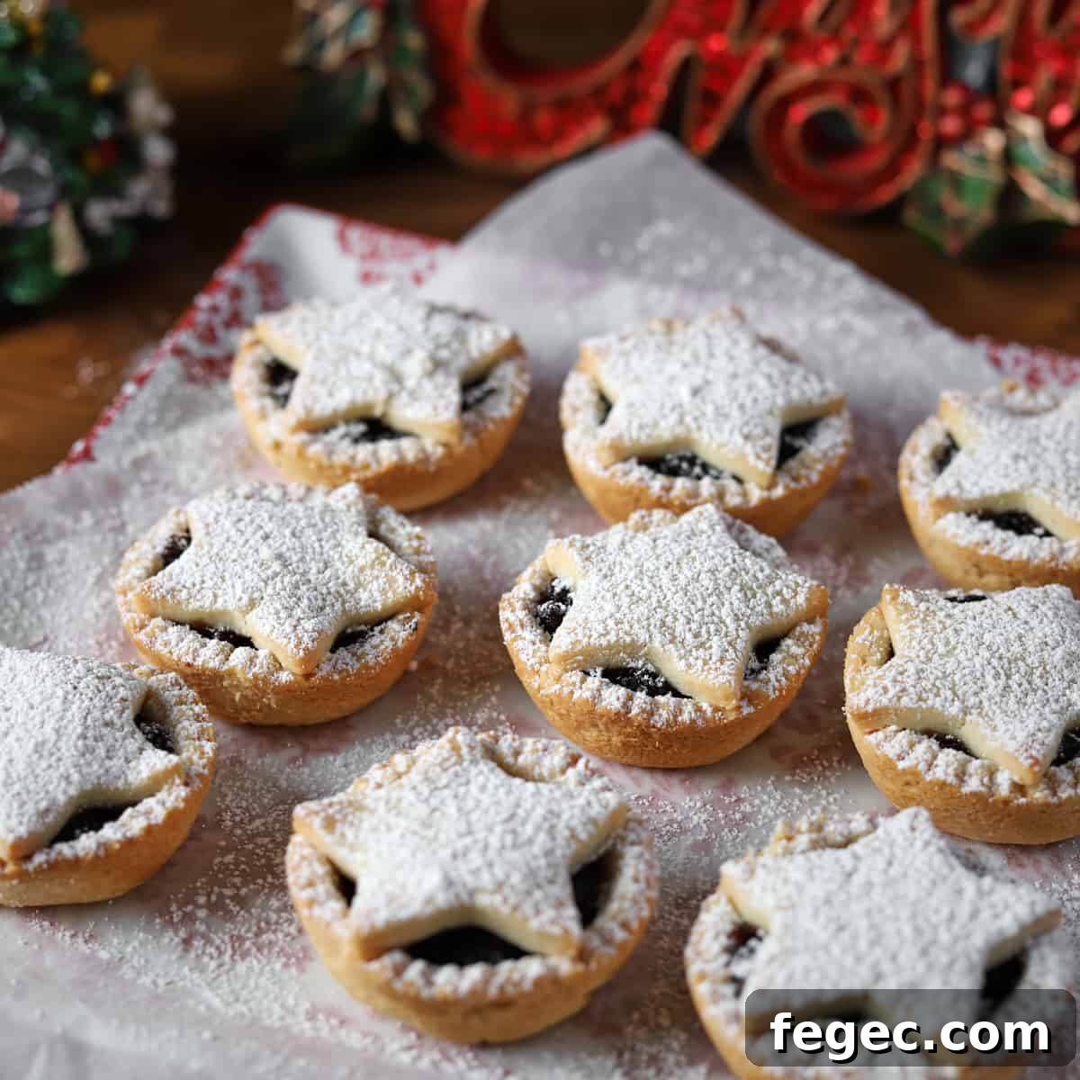 Square photo of star-topped mince pies dusted with icing sugar