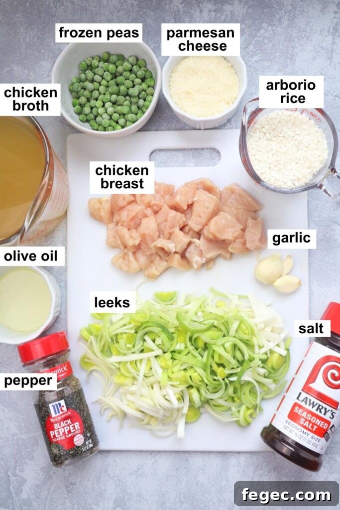 labeled image of all ingredients used to make chicken leek risotto