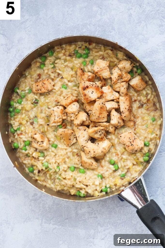 cooked cheesy risotto with peas topped with cooked chicken