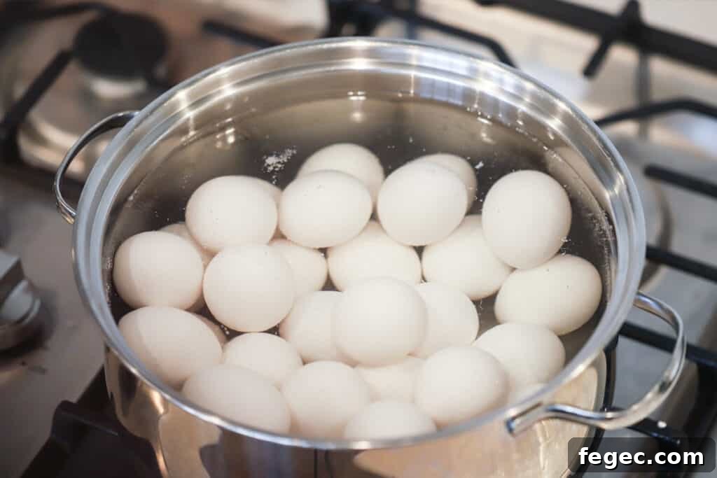 Eggs in a large pot reach to boil; hard boiled eggs baking soda method. Boiling eggs with baking soda, baking soda for boiled eggs, boiled eggs baking soda.