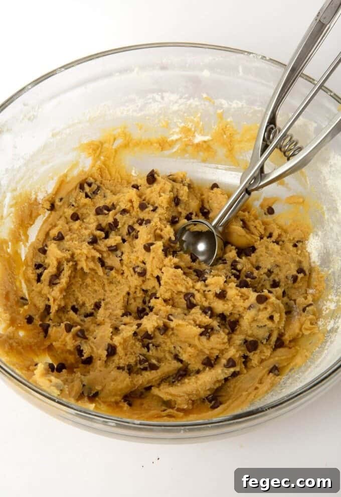 chocolate chip cookie dough in mixing bowl with cookie scoop