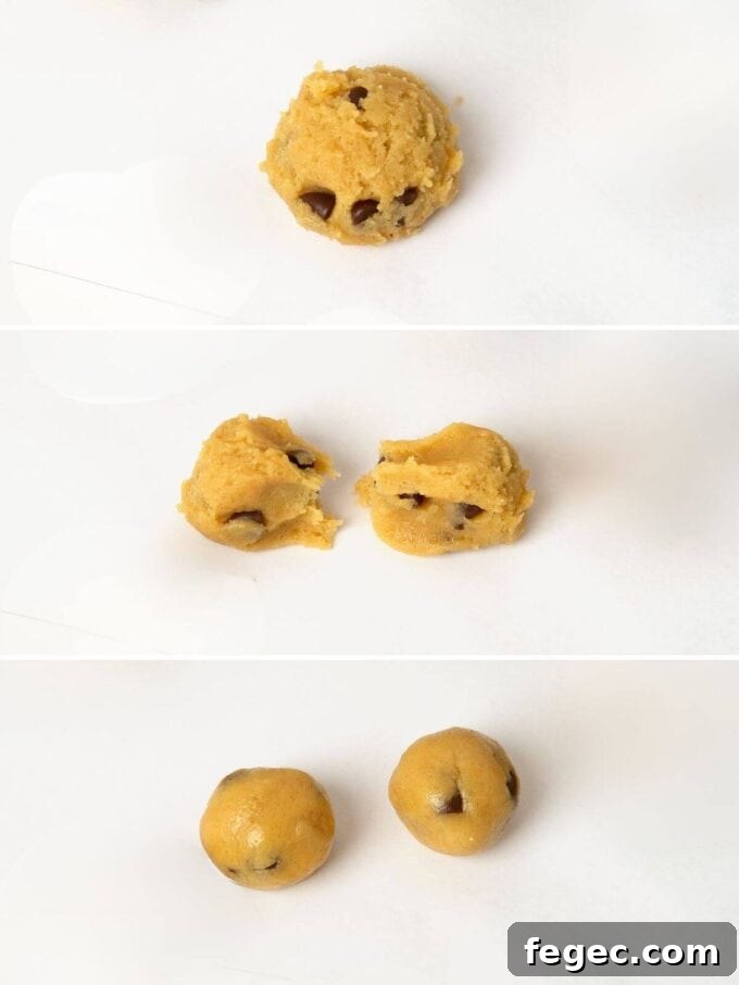 cookie dough split into two smaller size balls