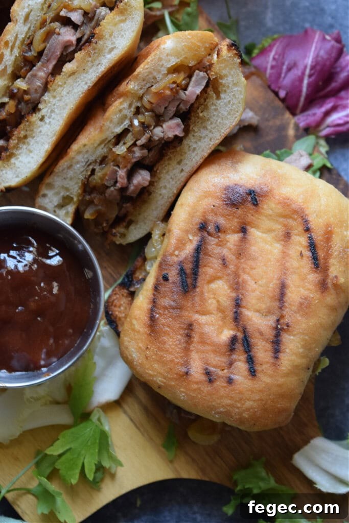 Close up of steak sandwiches.