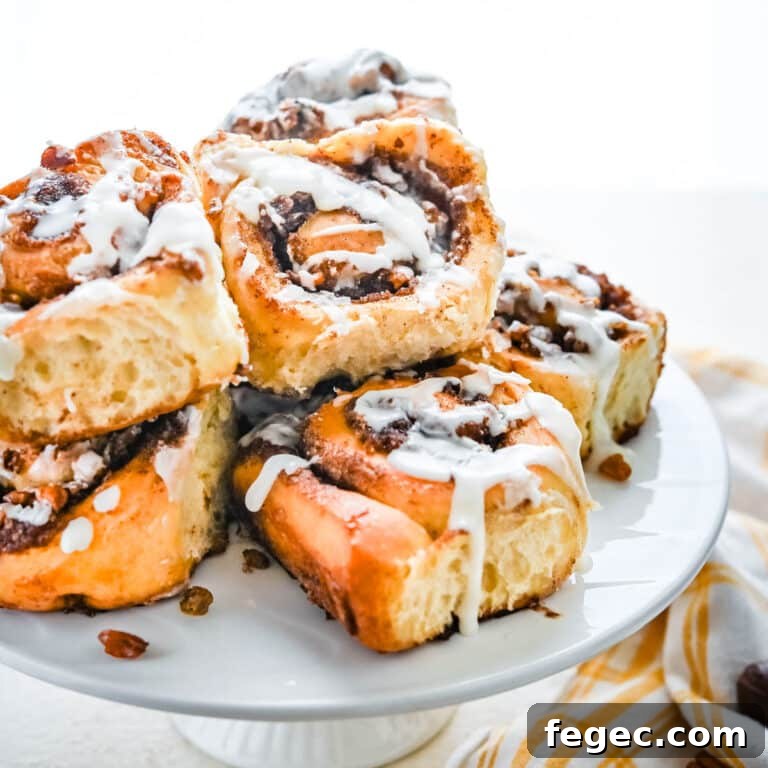 A serving platter of fresh cinnamon raisin rolls.