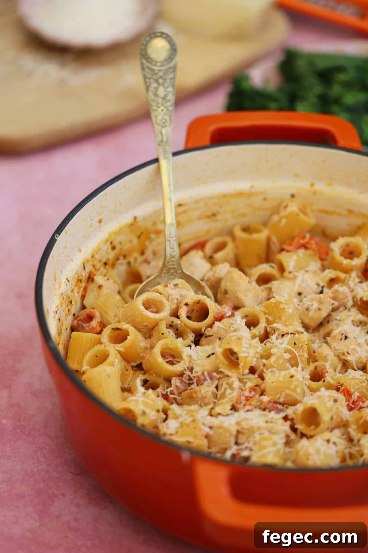 A pan of creamy chicken and chorizo pasta.