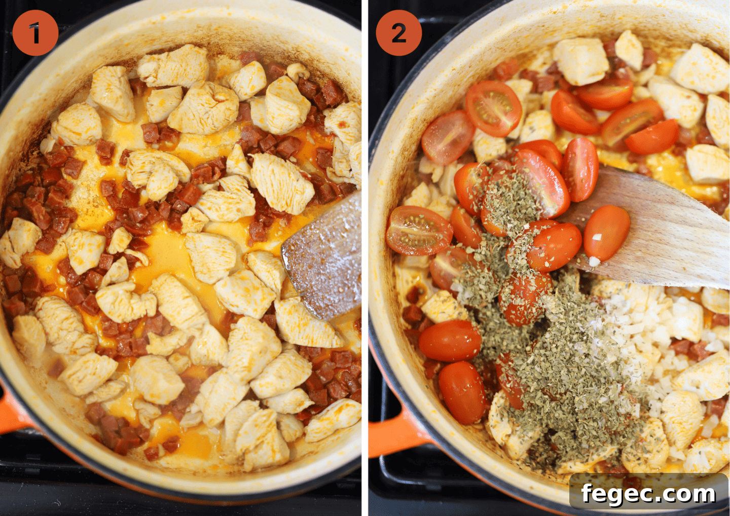 Frying the chorizo and chicken in a pan then adding tomatoes and oregano.