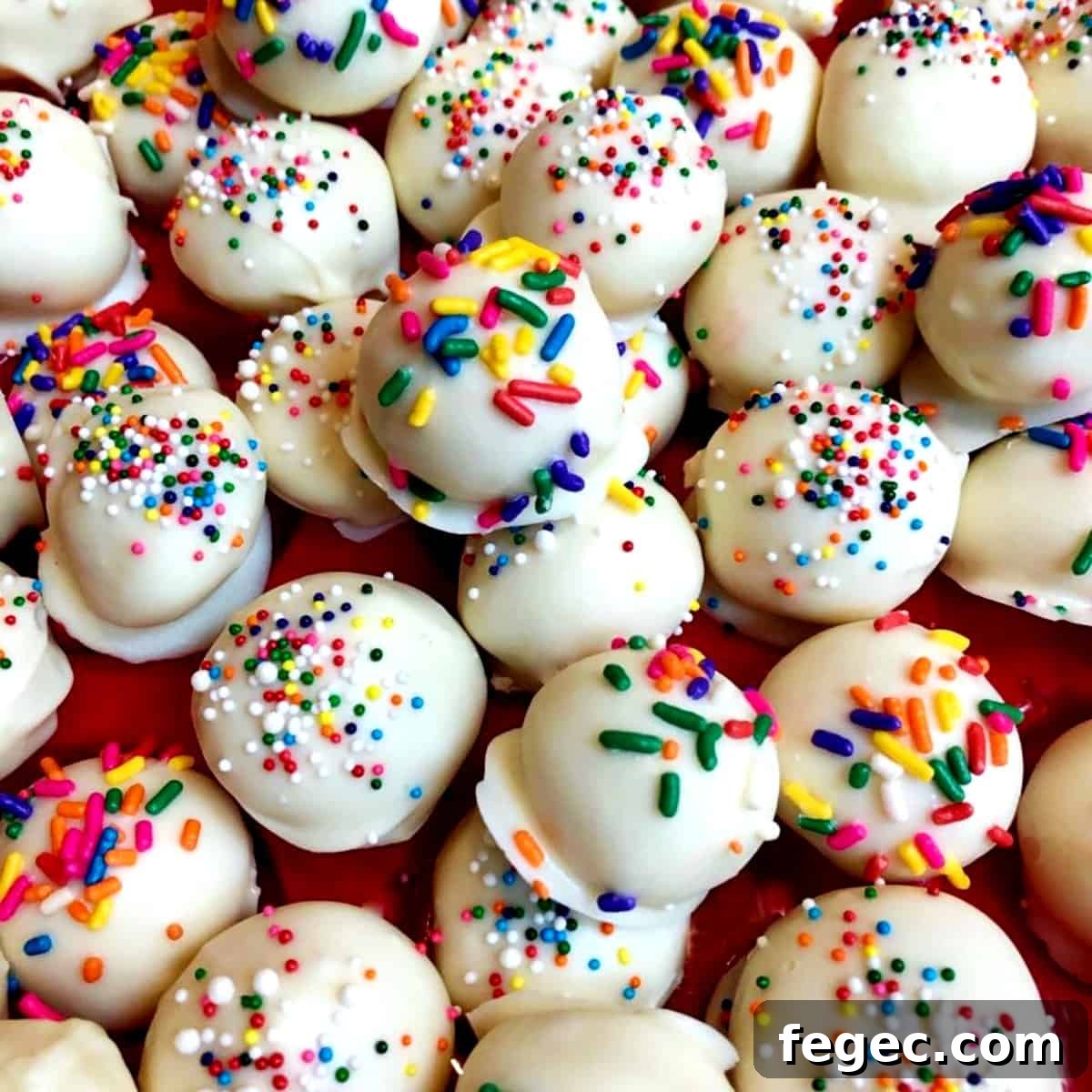 Perfect Cake Balls: Simple No-Bake Party Treats 2 A pile of cake bites with sprinkles.
