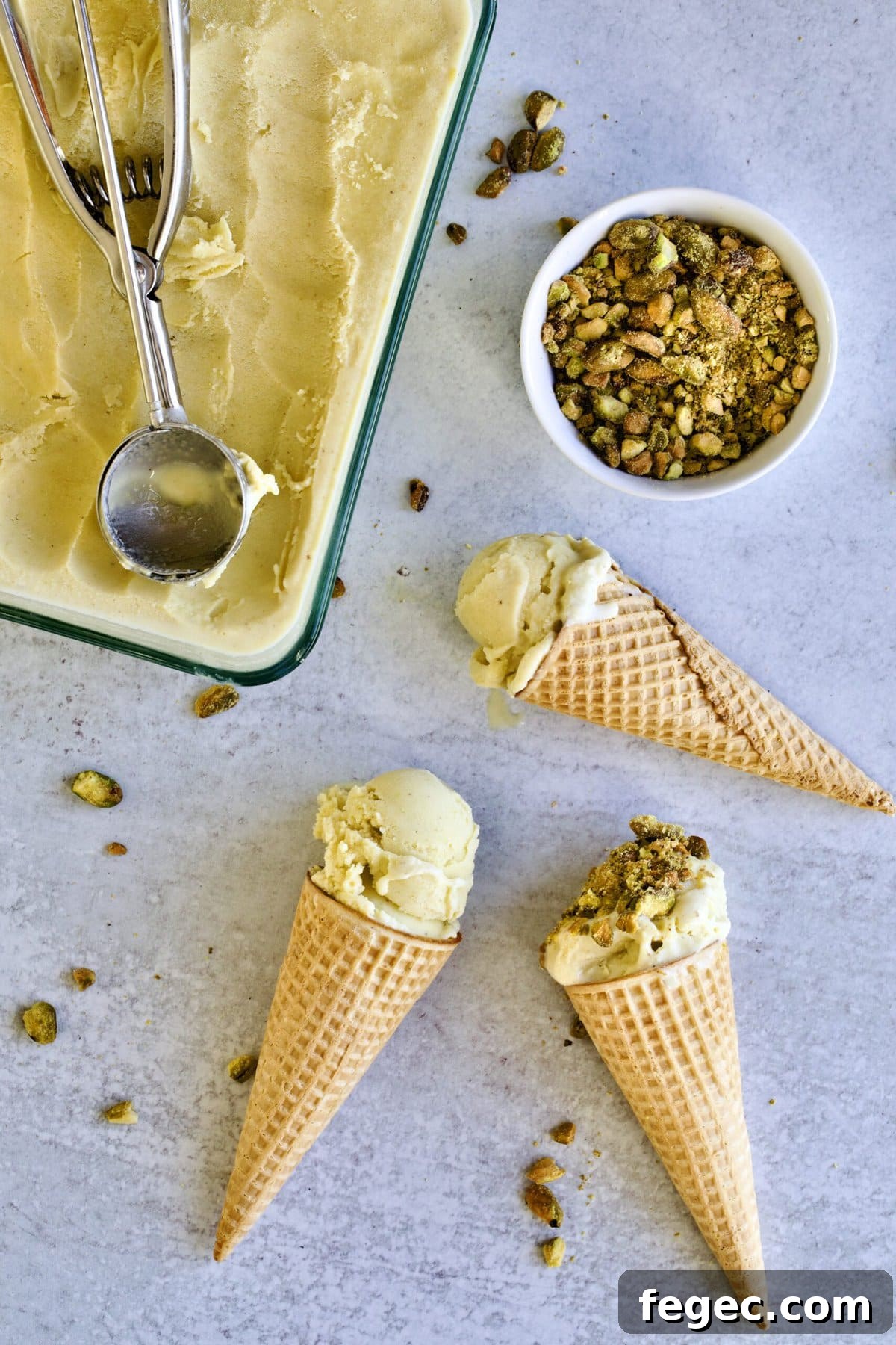 Italian pistachio gelato in ice cream cones
