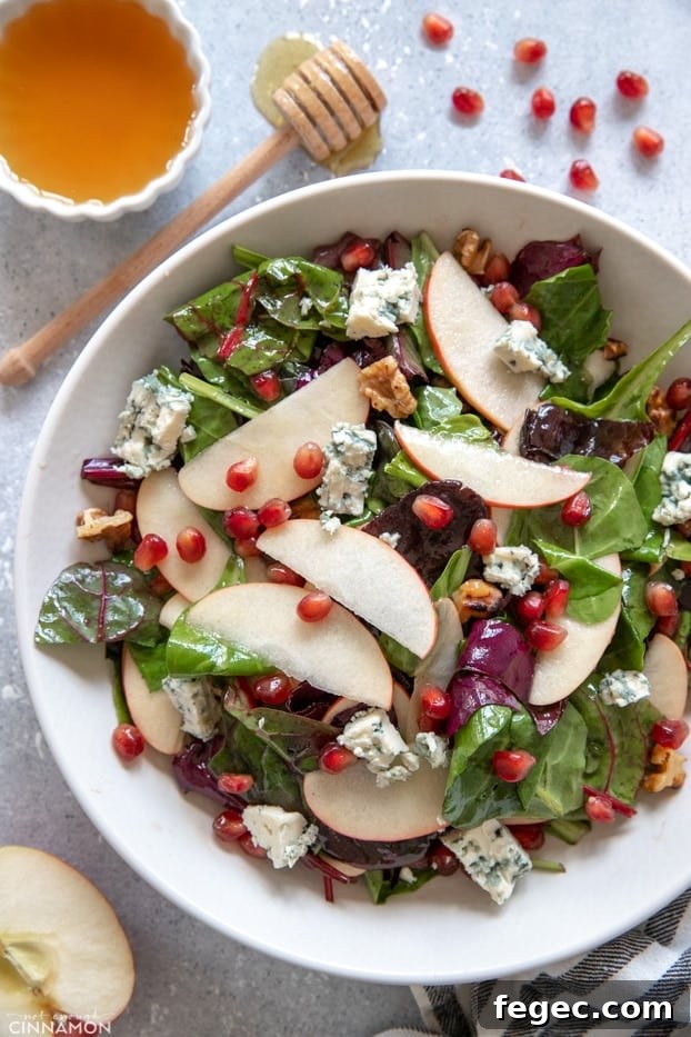 Apple and blue cheese salad in a white plate with pomegranate arils and honey on the side