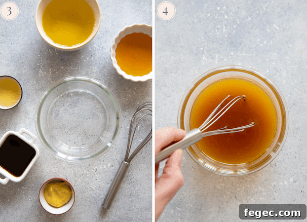 Honey, apple cider vinegar, Dijon mustard and other ingredients in little container, and the finished dressing